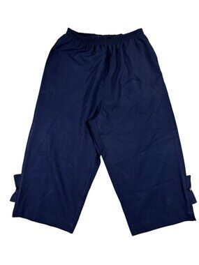 Regal Womens Navy Blue Cropped Pants Size L Poly Button Hem Elastic Waist Casual